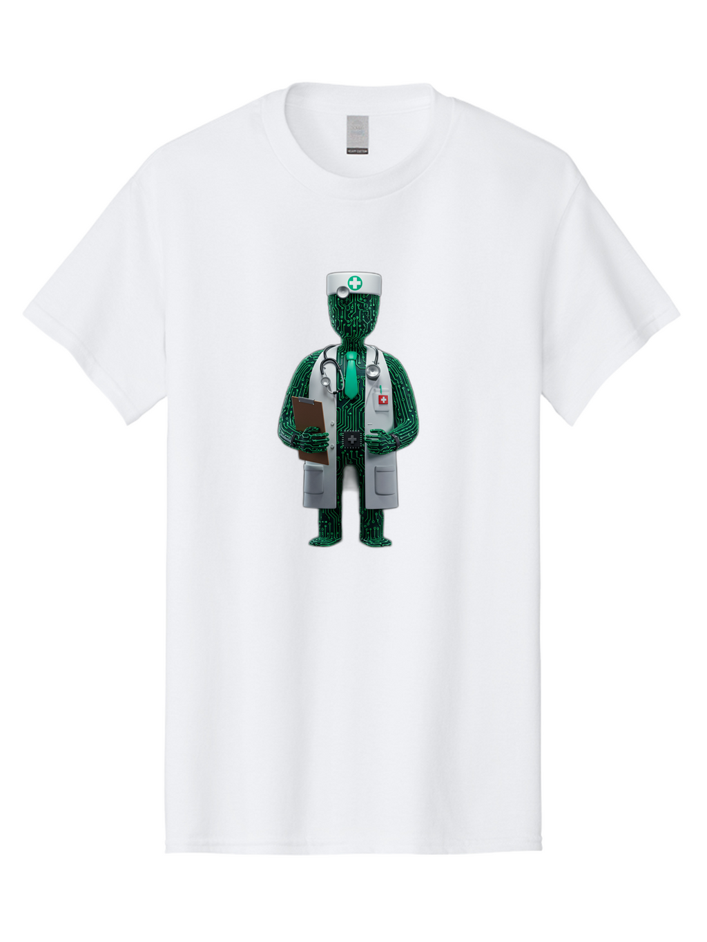 Circuit-Doctor Men'S Graphic Tee, 100% Cotton, Comfortable Casual Summer Wear, Machine Washable, Circuit Board Humanoid Doctor, Medical Professional, Stethoscope Around Neck, Clipboard In Hand, White Lab Coat, Red Cross Emblem, Baa320
