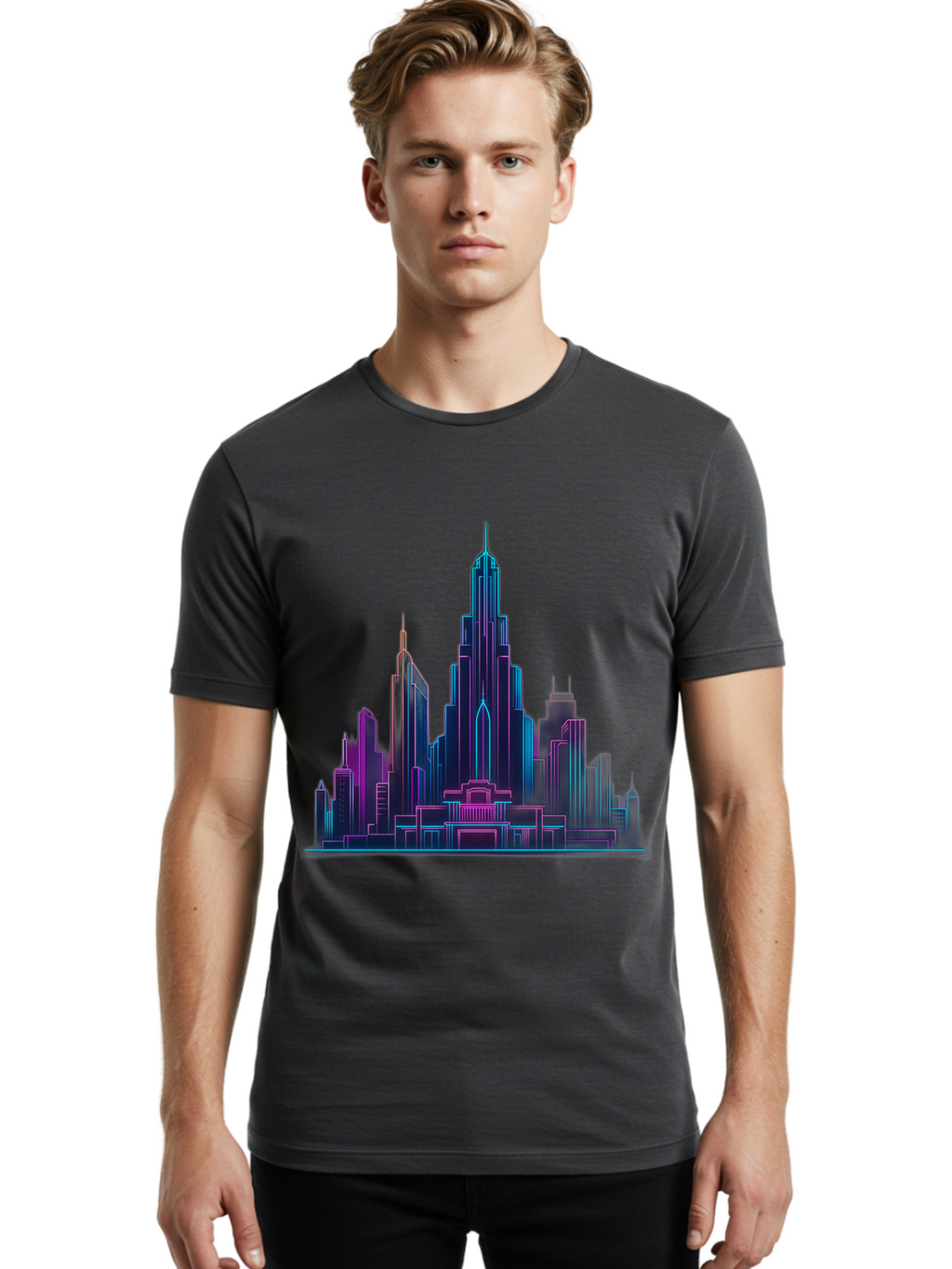 Cityscape-Skyscrapers Men'S Graphic Tee, 100% Cotton, Comfortable Casual Summer Wear, Machine Washable, City Skyline, Futuristic Architecture, Neon Lights, Modern Buildings, Urban Landscape, Skyscrapers, Cityscape, Contemporary Design, Baa321