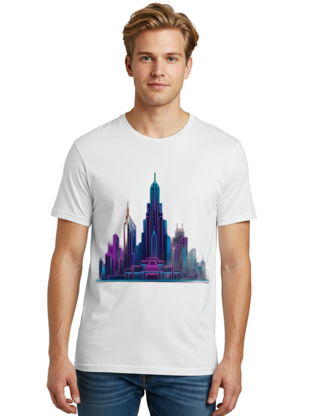 Cityscape-Skyscrapers Men'S Graphic Tee, 100% Cotton, Comfortable Casual Summer Wear, Machine Washable, City Skyline, Futuristic Architecture, Neon Lights, Modern Buildings, Urban Landscape, Skyscrapers, Cityscape, Contemporary Design, Baa321