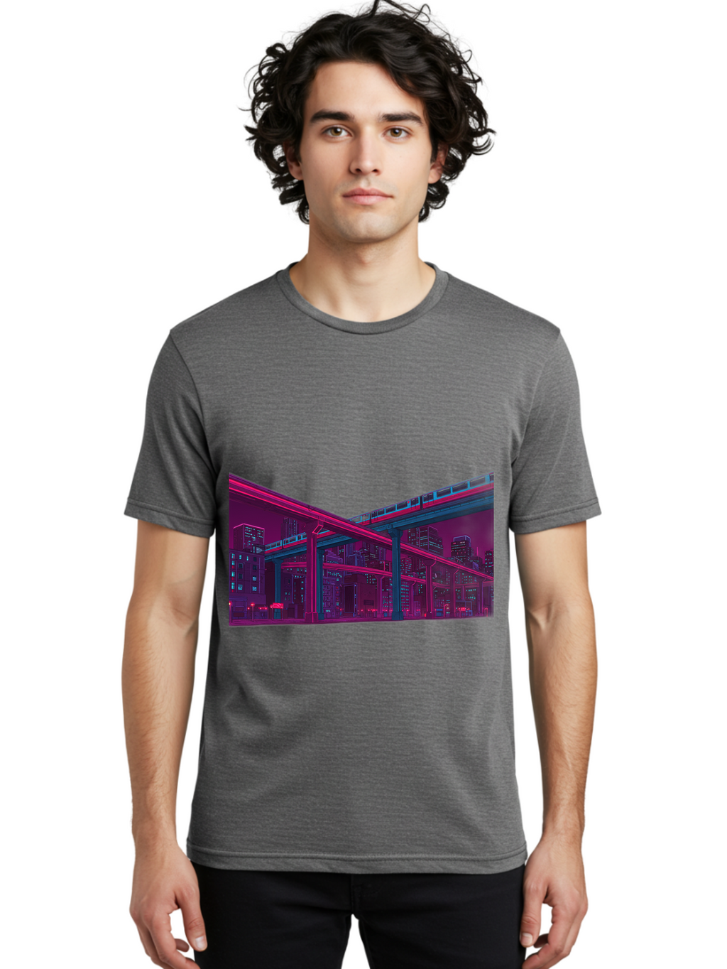 Cityscape Men'S Graphic Tee, 100% Cotton, Comfortable Casual Summer Wear, Machine Washable, Cityscape At Night, Urban Landscape, Neon Lights, City Buildings, Highway, Train, Futuristic Architecture, Modern City Life, City View Baa322