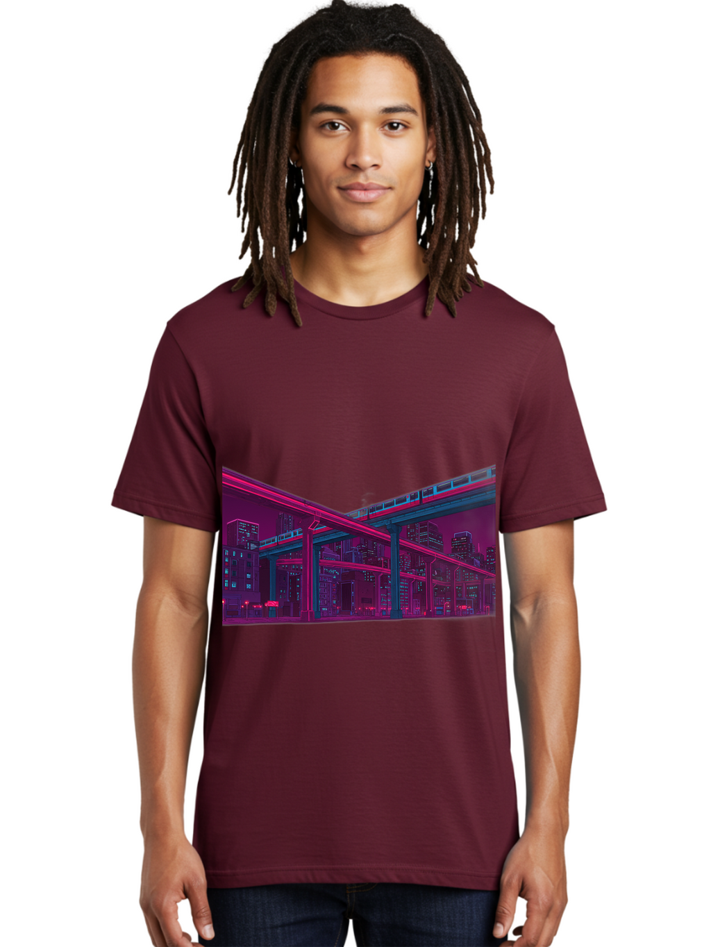 Cityscape Men'S Graphic Tee, 100% Cotton, Comfortable Casual Summer Wear, Machine Washable, Cityscape At Night, Urban Landscape, Neon Lights, City Buildings, Highway, Train, Futuristic Architecture, Modern City Life, City View Baa322