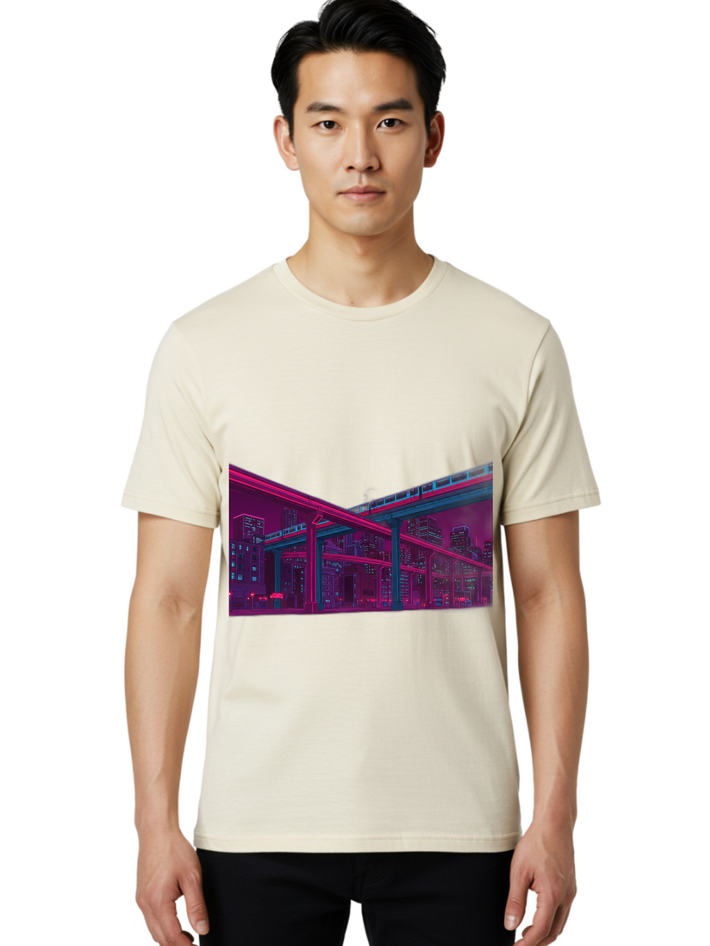 Cityscape Men'S Graphic Tee, 100% Cotton, Comfortable Casual Summer Wear, Machine Washable, Cityscape At Night, Urban Landscape, Neon Lights, City Buildings, Highway, Train, Futuristic Architecture, Modern City Life, City View Baa322
