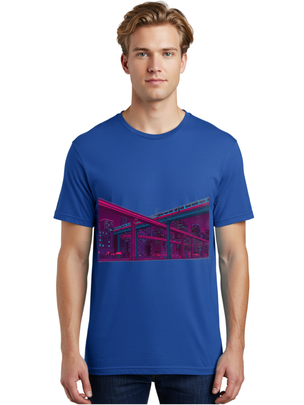 Cityscape Men'S Graphic Tee, 100% Cotton, Comfortable Casual Summer Wear, Machine Washable, Cityscape At Night, Urban Landscape, Neon Lights, City Buildings, Highway, Train, Futuristic Architecture, Modern City Life, City View Baa322