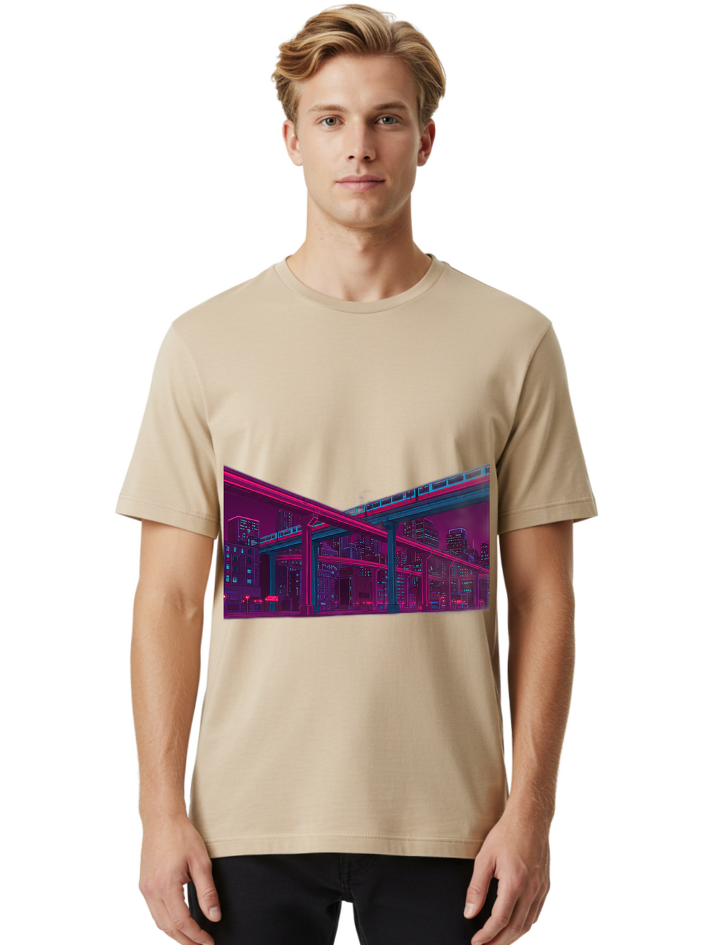 Cityscape Men'S Graphic Tee, 100% Cotton, Comfortable Casual Summer Wear, Machine Washable, Cityscape At Night, Urban Landscape, Neon Lights, City Buildings, Highway, Train, Futuristic Architecture, Modern City Life, City View Baa322