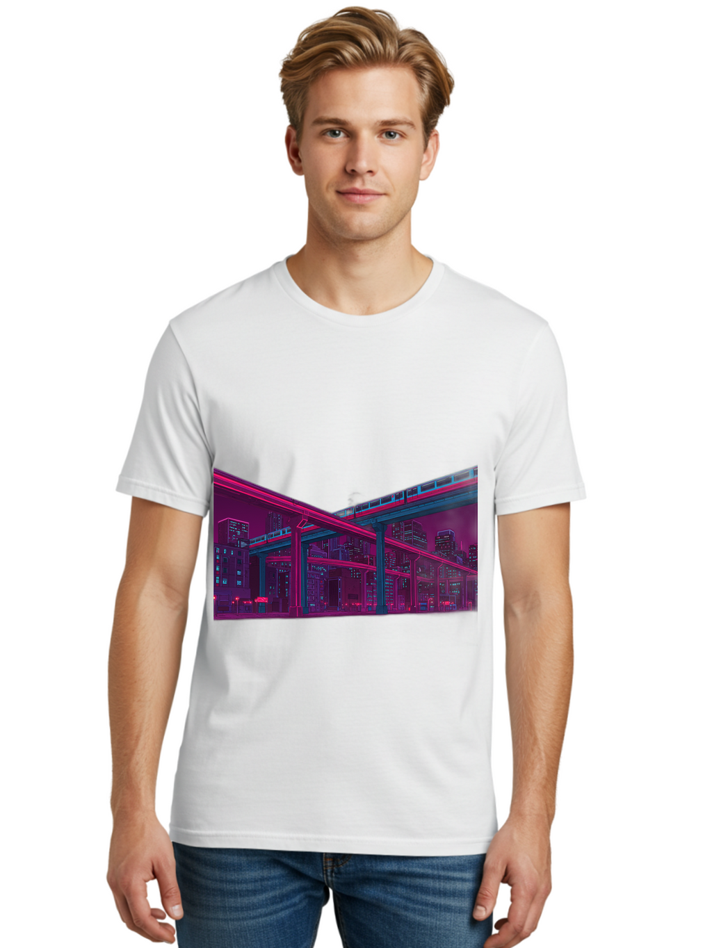 Cityscape Men'S Graphic Tee, 100% Cotton, Comfortable Casual Summer Wear, Machine Washable, Cityscape At Night, Urban Landscape, Neon Lights, City Buildings, Highway, Train, Futuristic Architecture, Modern City Life, City View Baa322