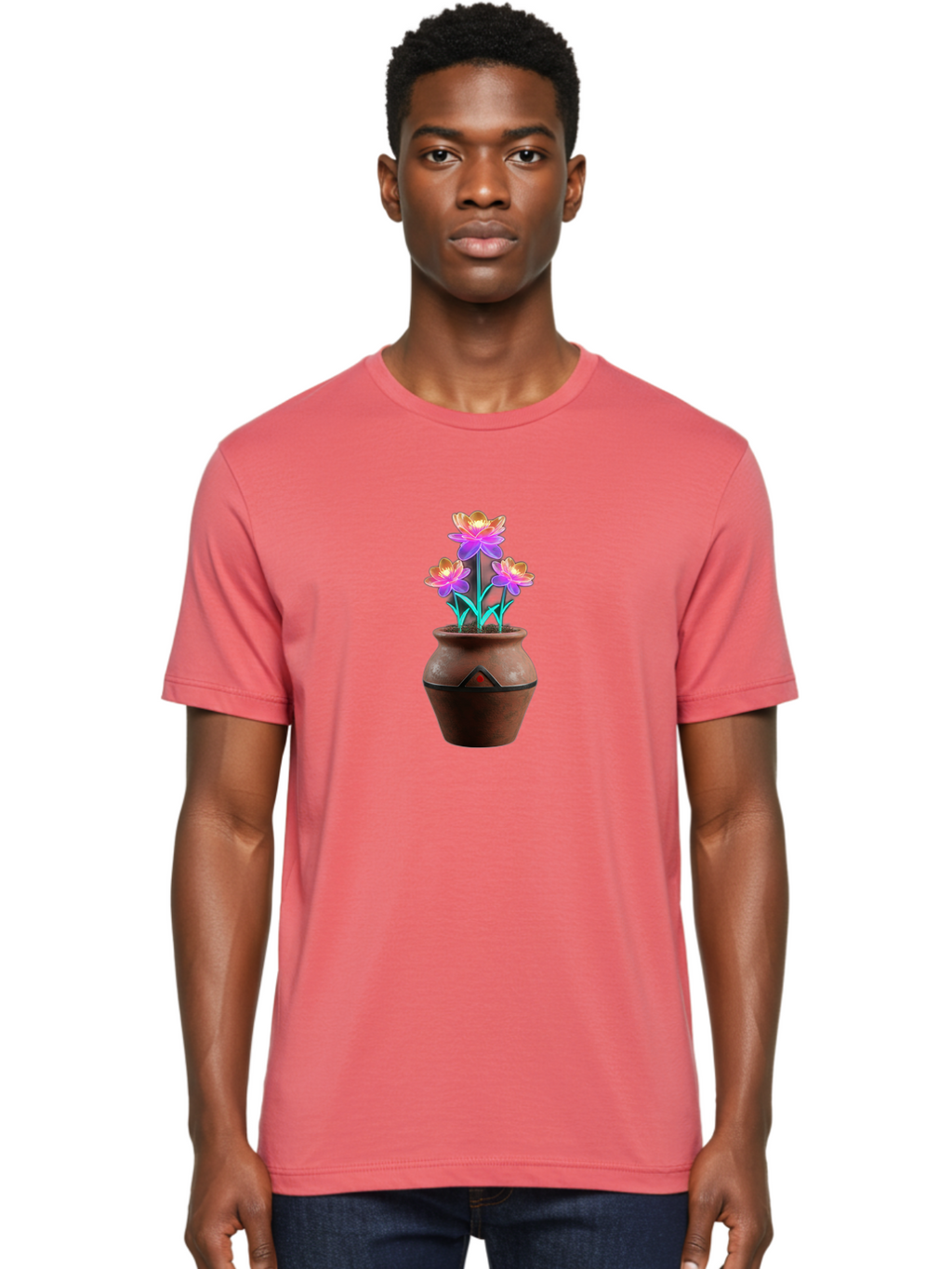 Clay-Pot-Flowers Men'S Graphic Tee, 100% Cotton, Comfortable Casual Summer Wear, Machine Washable, Colorful Flowers, Pink Petals, Orange Center, Clay Pot, Terracotta, Floral Arrangement, Vibrant Colors, Decorative Pot, Flower Bouquet Baa324