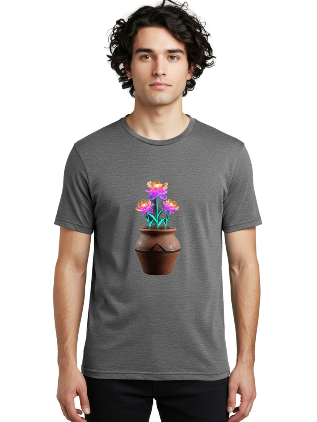 Clay-Pot-Flowers Men'S Graphic Tee, 100% Cotton, Comfortable Casual Summer Wear, Machine Washable, Colorful Flowers, Pink Petals, Orange Center, Clay Pot, Terracotta, Floral Arrangement, Vibrant Colors, Decorative Pot, Flower Bouquet Baa324