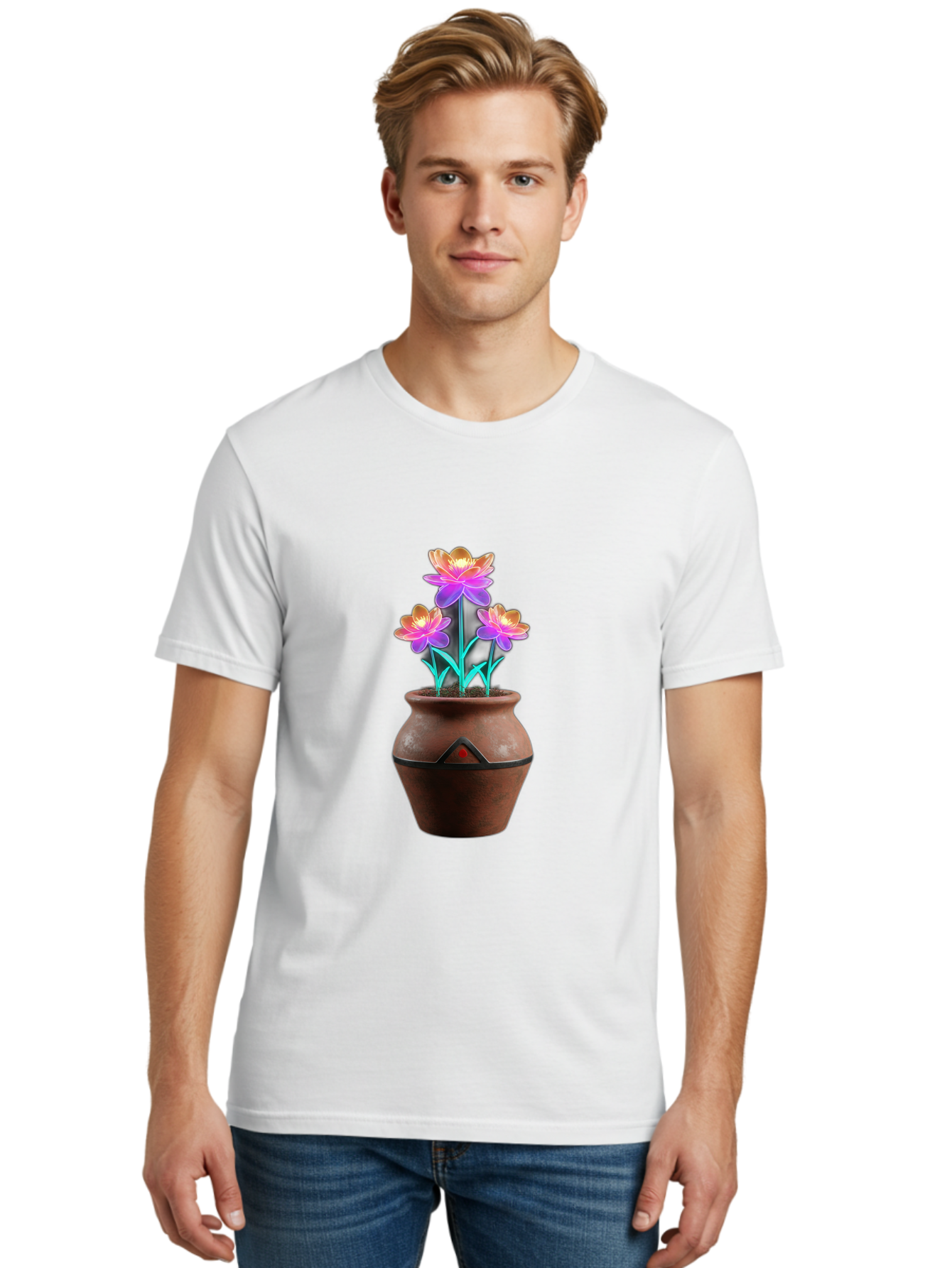 Clay-Pot-Flowers Men'S Graphic Tee, 100% Cotton, Comfortable Casual Summer Wear, Machine Washable, Colorful Flowers, Pink Petals, Orange Center, Clay Pot, Terracotta, Floral Arrangement, Vibrant Colors, Decorative Pot, Flower Bouquet Baa324