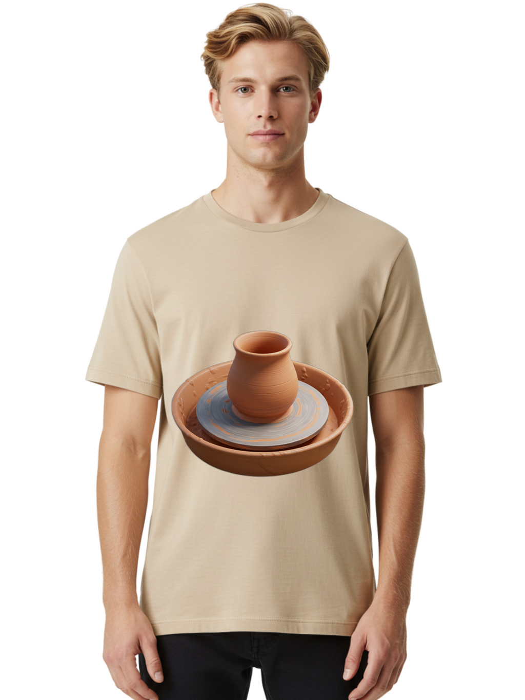 Clay-Pot-On-Pottery-Wheel Men'S Graphic Tee, 100% Cotton, Comfortable Casual Summer Wear, Machine Washable, Pottery Wheel, Clay Pot, Ceramics, Pottery Making, Handmade Crafts, Artisanal Pottery, Terracotta, Pottery Wheel Spinning Baa325
