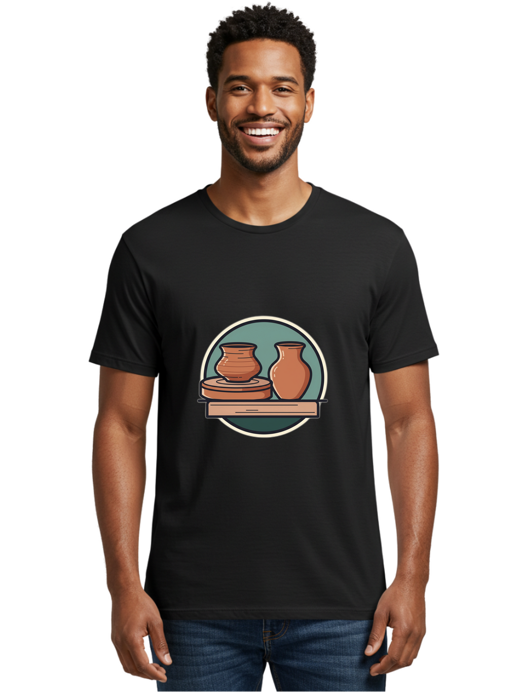 Clay-Pots-On-A-Shelf Men'S Graphic Tee, 100% Cotton, Comfortable Casual Summer Wear, Machine Washable, Clay Vases On Wooden Shelf, Pottery Art, Ceramic Craftsmanship, Traditional Pottery, Handmade Ceramics, Earthy Tones, Artisanal Decor Baa327
