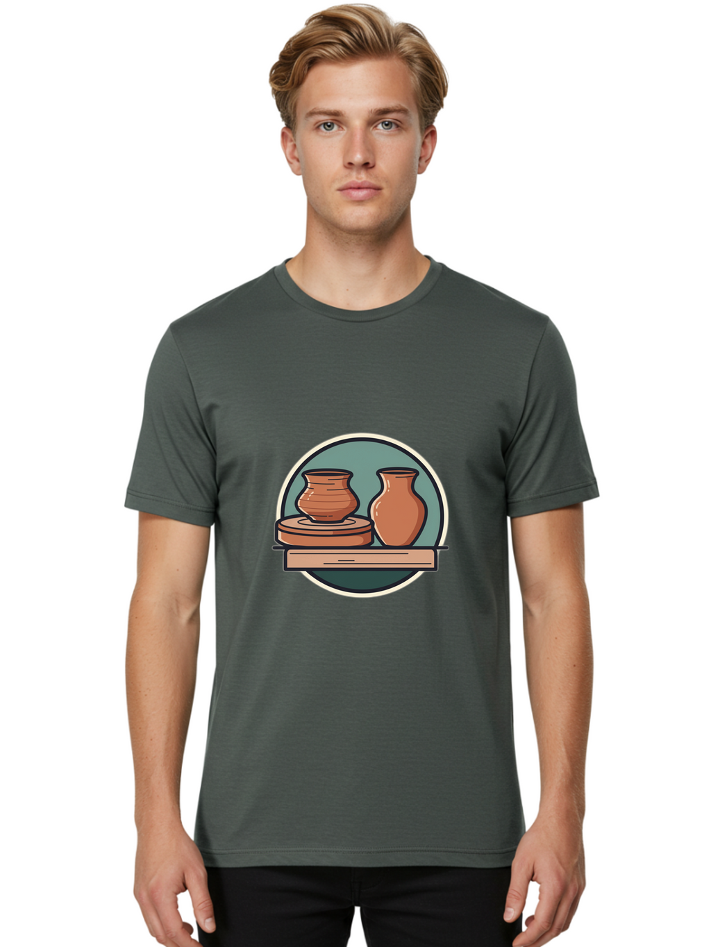Clay-Pots-On-A-Shelf Men'S Graphic Tee, 100% Cotton, Comfortable Casual Summer Wear, Machine Washable, Clay Vases On Wooden Shelf, Pottery Art, Ceramic Craftsmanship, Traditional Pottery, Handmade Ceramics, Earthy Tones, Artisanal Decor Baa327