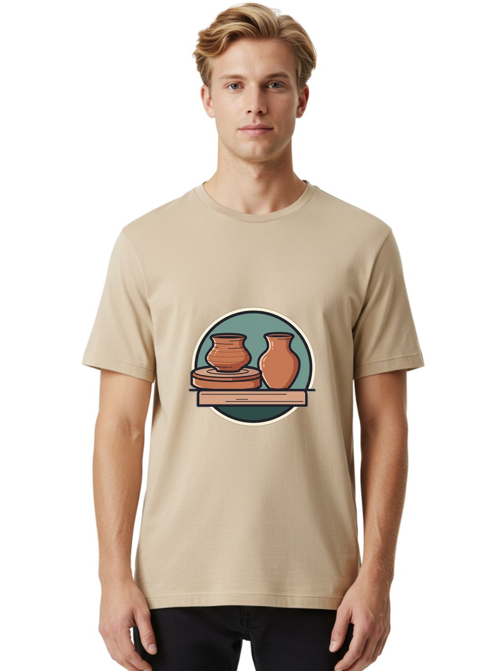 Clay-Pots-On-A-Shelf Men'S Graphic Tee, 100% Cotton, Comfortable Casual Summer Wear, Machine Washable, Clay Vases On Wooden Shelf, Pottery Art, Ceramic Craftsmanship, Traditional Pottery, Handmade Ceramics, Earthy Tones, Artisanal Decor Baa327