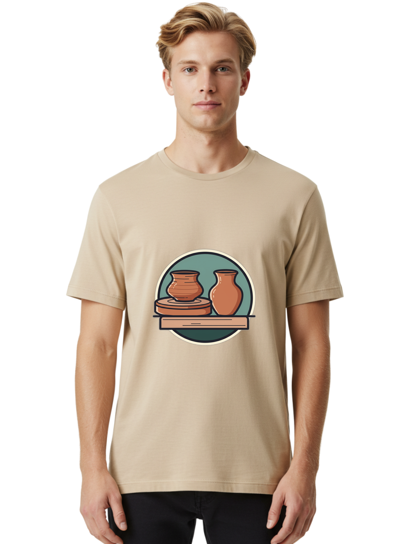 Clay-Pots-On-A-Shelf Men'S Graphic Tee, 100% Cotton, Comfortable Casual Summer Wear, Machine Washable, Clay Vases On Wooden Shelf, Pottery Art, Ceramic Craftsmanship, Traditional Pottery, Handmade Ceramics, Earthy Tones, Artisanal Decor Baa327