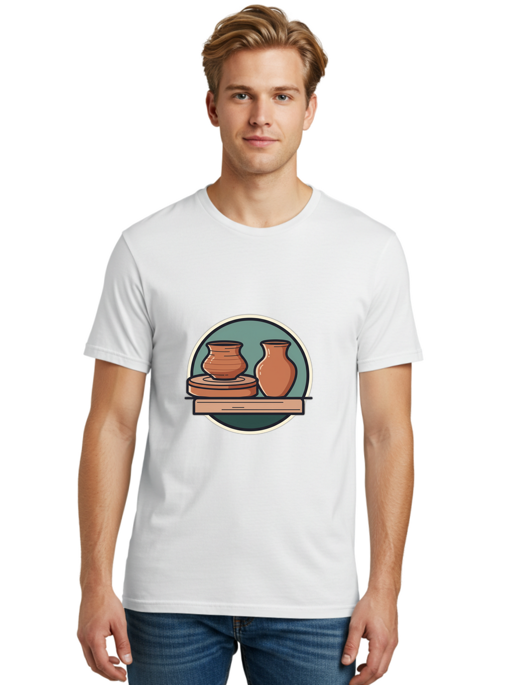 Clay-Pots-On-A-Shelf Men'S Graphic Tee, 100% Cotton, Comfortable Casual Summer Wear, Machine Washable, Clay Vases On Wooden Shelf, Pottery Art, Ceramic Craftsmanship, Traditional Pottery, Handmade Ceramics, Earthy Tones, Artisanal Decor Baa327