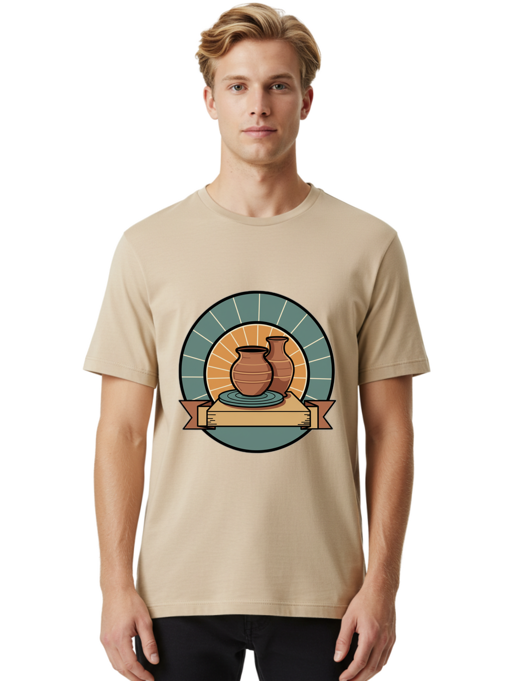 Clay-Pots-On-Pottery-Wheel Men'S Graphic Tee, 100% Cotton, Comfortable Casual Summer Wear, Machine Washable, Pottery Wheel, Clay Vases, Ceramics, Handmade Pottery, Artisanal Crafts, Pottery Art, Potter'S Wheel, Clay Pots, Decorative Vases, Baa328