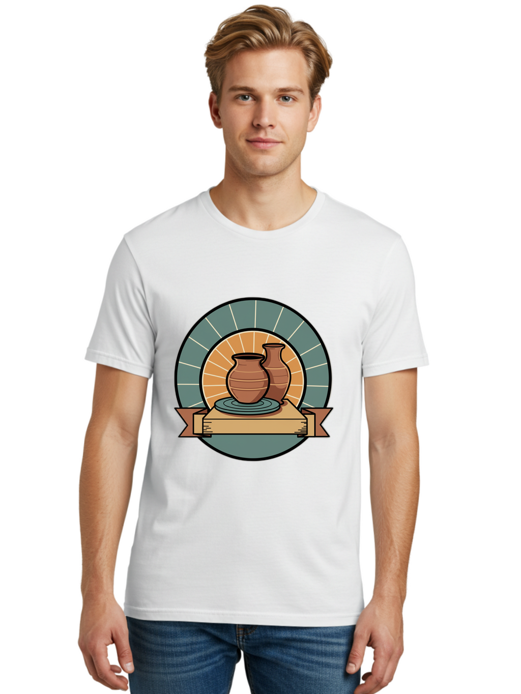Clay-Pots-On-Pottery-Wheel Men'S Graphic Tee, 100% Cotton, Comfortable Casual Summer Wear, Machine Washable, Pottery Wheel, Clay Vases, Ceramics, Handmade Pottery, Artisanal Crafts, Pottery Art, Potter'S Wheel, Clay Pots, Decorative Vases, Baa328