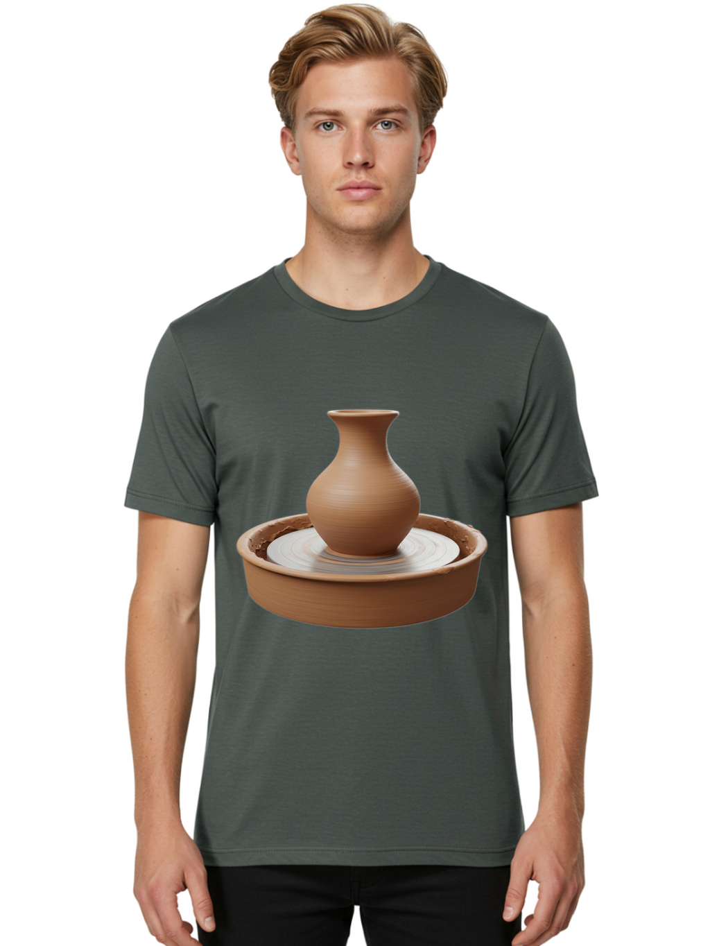 Clay-Vase-On-Pottery-Wheel Men'S Graphic Tee, 100% Cotton, Comfortable Casual Summer Wear, Machine Washable, Pottery Wheel, Clay Vase, Handmade Ceramics, Terra Cotta, Crafting, Artisanal Pottery, Wheel-Thrown Pottery, Ceramic Art, Baa330
