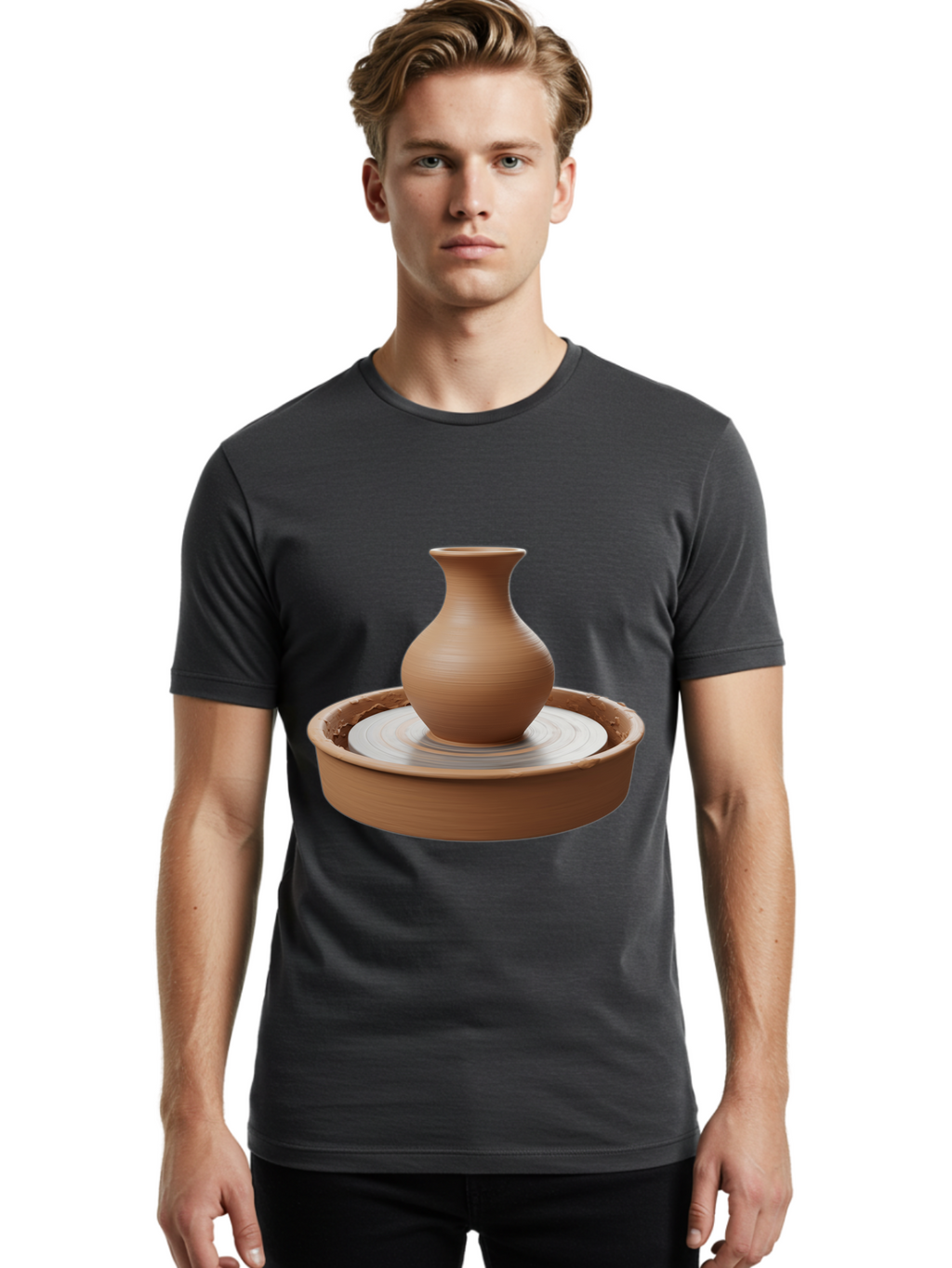 Clay-Vase-On-Pottery-Wheel Men'S Graphic Tee, 100% Cotton, Comfortable Casual Summer Wear, Machine Washable, Pottery Wheel, Clay Vase, Handmade Ceramics, Terra Cotta, Crafting, Artisanal Pottery, Wheel-Thrown Pottery, Ceramic Art, Baa330