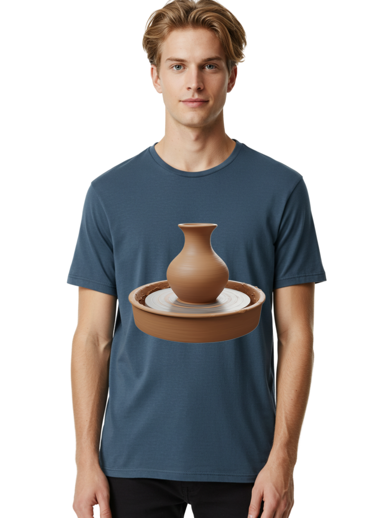 Clay-Vase-On-Pottery-Wheel Men'S Graphic Tee, 100% Cotton, Comfortable Casual Summer Wear, Machine Washable, Pottery Wheel, Clay Vase, Handmade Ceramics, Terra Cotta, Crafting, Artisanal Pottery, Wheel-Thrown Pottery, Ceramic Art, Baa330