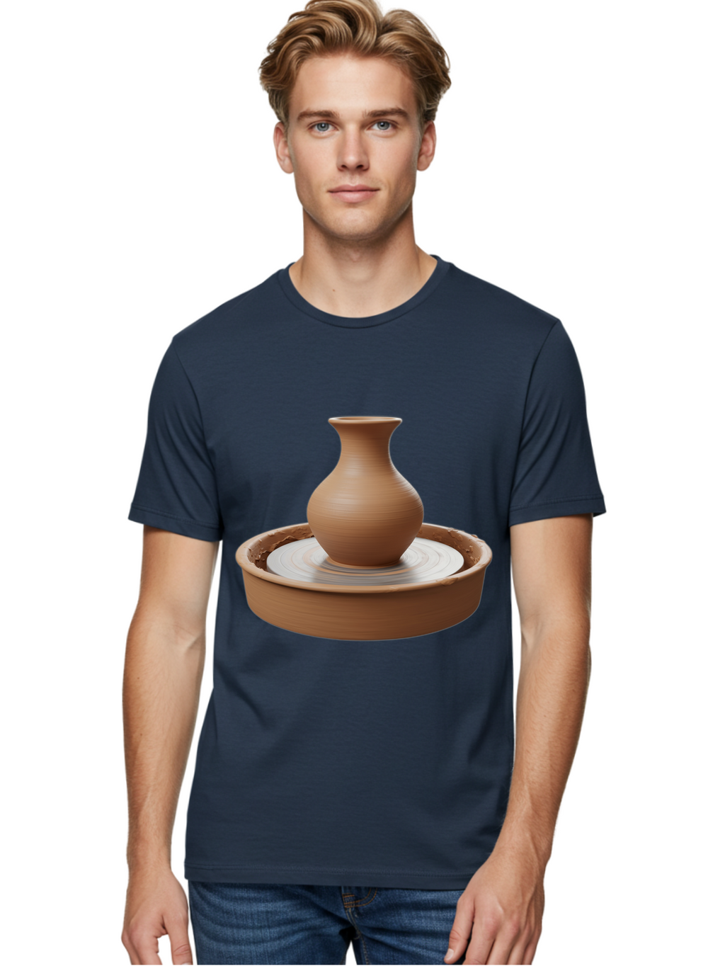 Clay-Vase-On-Pottery-Wheel Men'S Graphic Tee, 100% Cotton, Comfortable Casual Summer Wear, Machine Washable, Pottery Wheel, Clay Vase, Handmade Ceramics, Terra Cotta, Crafting, Artisanal Pottery, Wheel-Thrown Pottery, Ceramic Art, Baa330