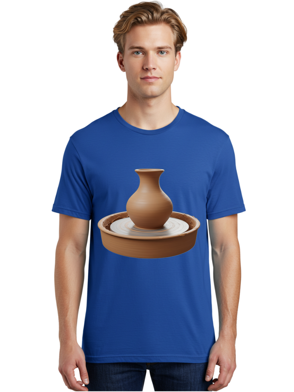 Clay-Vase-On-Pottery-Wheel Men'S Graphic Tee, 100% Cotton, Comfortable Casual Summer Wear, Machine Washable, Pottery Wheel, Clay Vase, Handmade Ceramics, Terra Cotta, Crafting, Artisanal Pottery, Wheel-Thrown Pottery, Ceramic Art, Baa330
