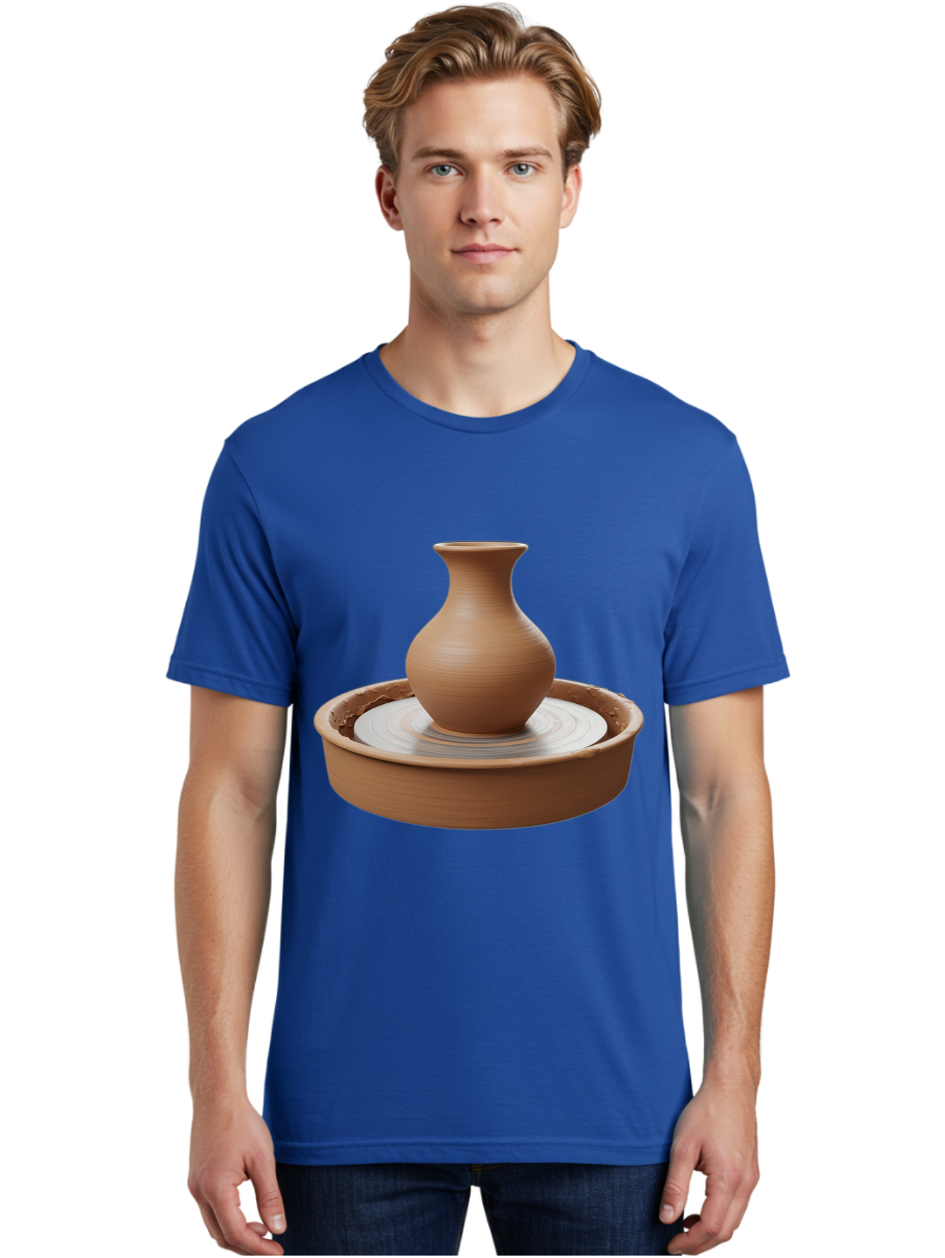 Clay-Vase-On-Pottery-Wheel Men'S Graphic Tee, 100% Cotton, Comfortable Casual Summer Wear, Machine Washable, Pottery Wheel, Clay Vase, Handmade Ceramics, Terra Cotta, Crafting, Artisanal Pottery, Wheel-Thrown Pottery, Ceramic Art, Baa330
