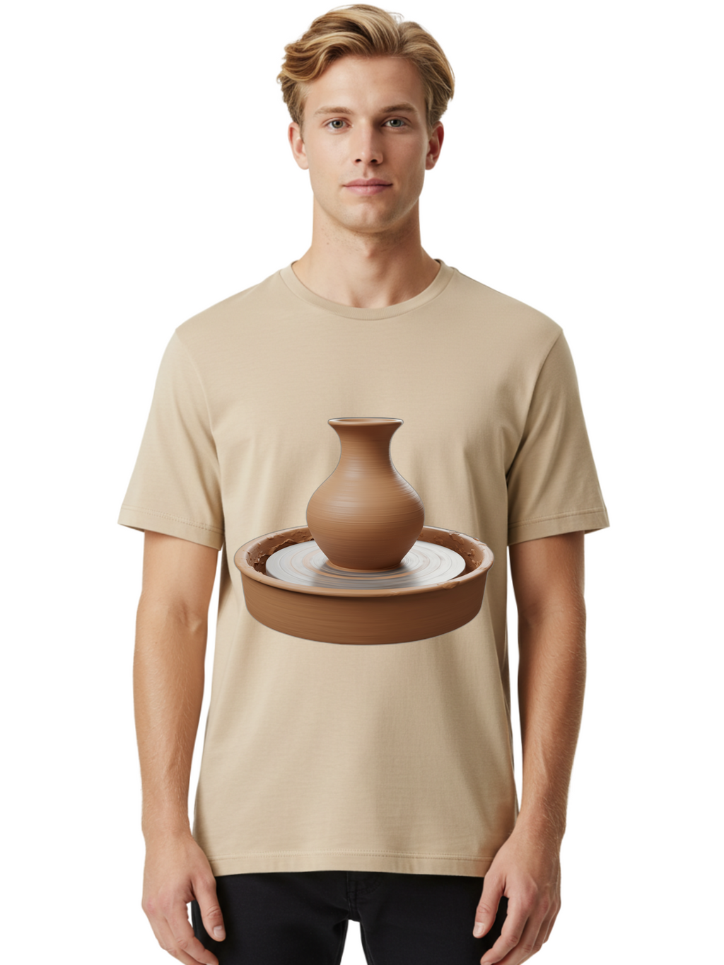 Clay-Vase-On-Pottery-Wheel Men'S Graphic Tee, 100% Cotton, Comfortable Casual Summer Wear, Machine Washable, Pottery Wheel, Clay Vase, Handmade Ceramics, Terra Cotta, Crafting, Artisanal Pottery, Wheel-Thrown Pottery, Ceramic Art, Baa330