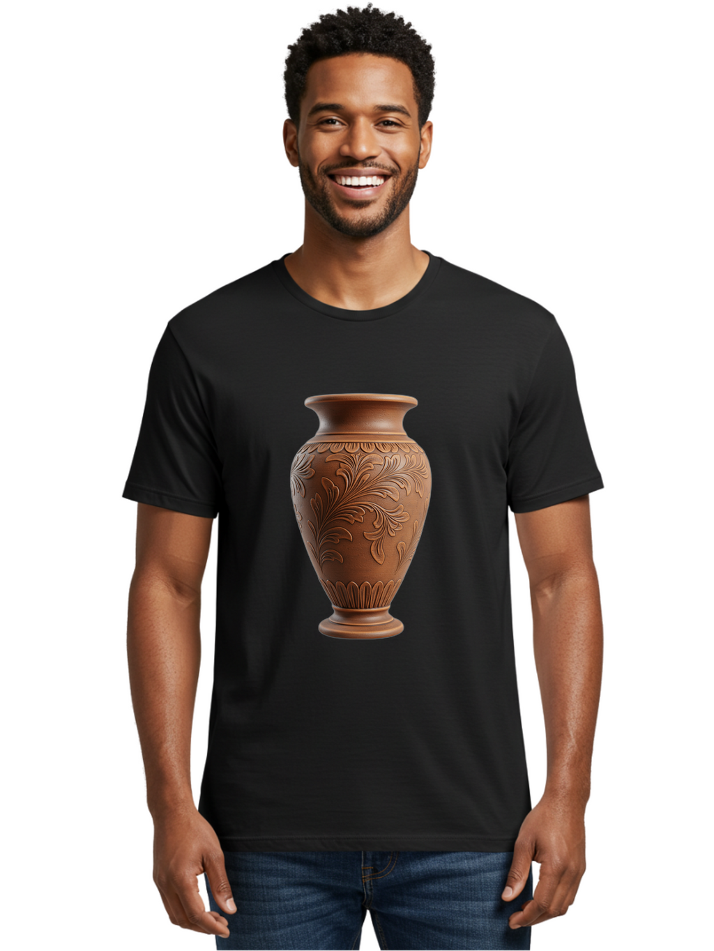Clay-Vase-With-Floral-Pattern Men'S Graphic Tee, 100% Cotton, Comfortable Casual Summer Wear, Machine Washable, Terracotta Vase, Clay Pottery, Ornate Design, Floral Pattern, Traditional Craftsmanship, Earthy Tones, Vintage Decor, Home Decor, Baa331