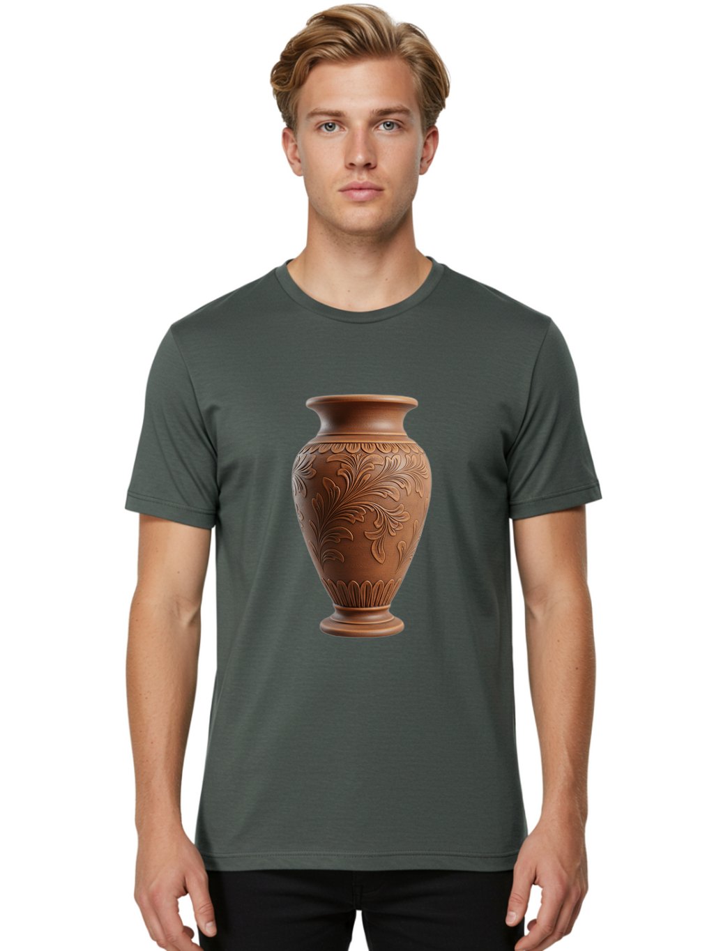 Clay-Vase-With-Floral-Pattern Men'S Graphic Tee, 100% Cotton, Comfortable Casual Summer Wear, Machine Washable, Terracotta Vase, Clay Pottery, Ornate Design, Floral Pattern, Traditional Craftsmanship, Earthy Tones, Vintage Decor, Home Decor, Baa331