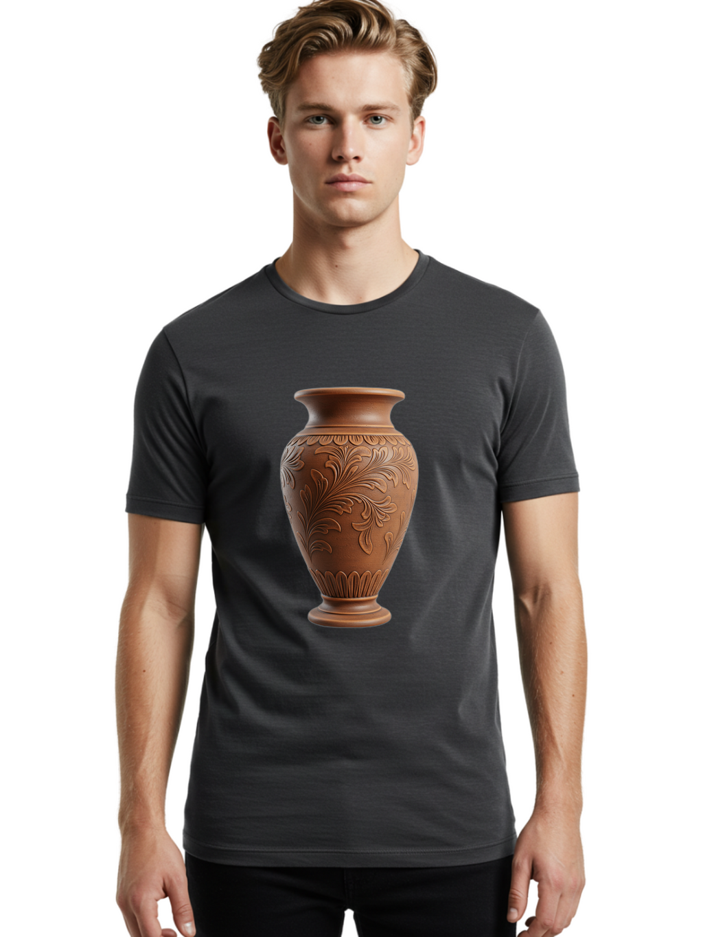 Clay-Vase-With-Floral-Pattern Men'S Graphic Tee, 100% Cotton, Comfortable Casual Summer Wear, Machine Washable, Terracotta Vase, Clay Pottery, Ornate Design, Floral Pattern, Traditional Craftsmanship, Earthy Tones, Vintage Decor, Home Decor, Baa331