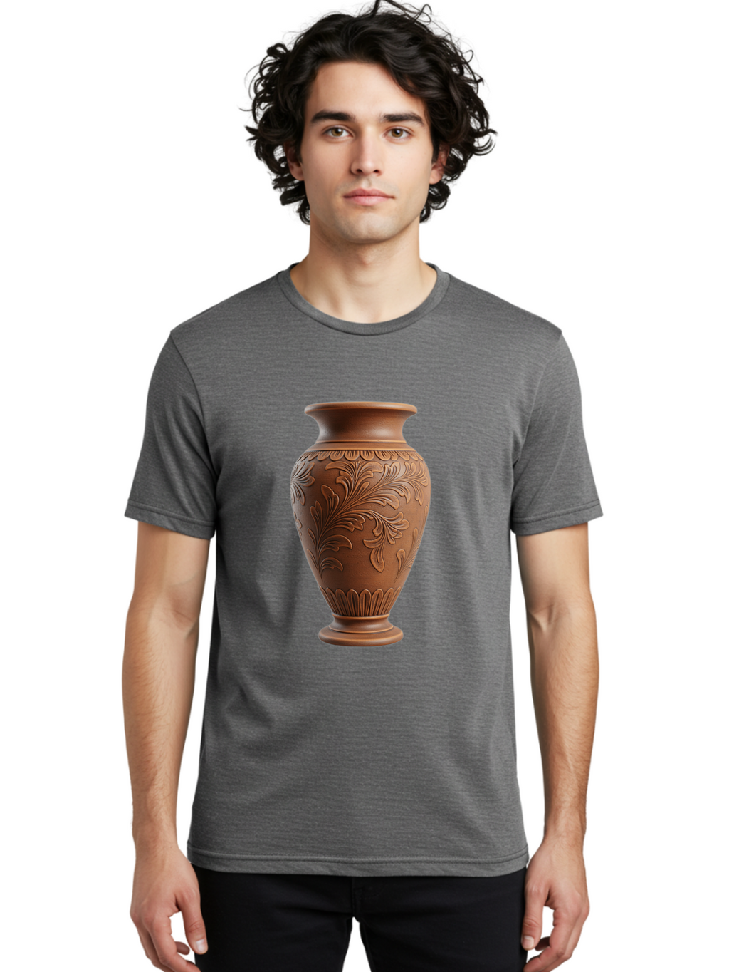 Clay-Vase-With-Floral-Pattern Men'S Graphic Tee, 100% Cotton, Comfortable Casual Summer Wear, Machine Washable, Terracotta Vase, Clay Pottery, Ornate Design, Floral Pattern, Traditional Craftsmanship, Earthy Tones, Vintage Decor, Home Decor, Baa331