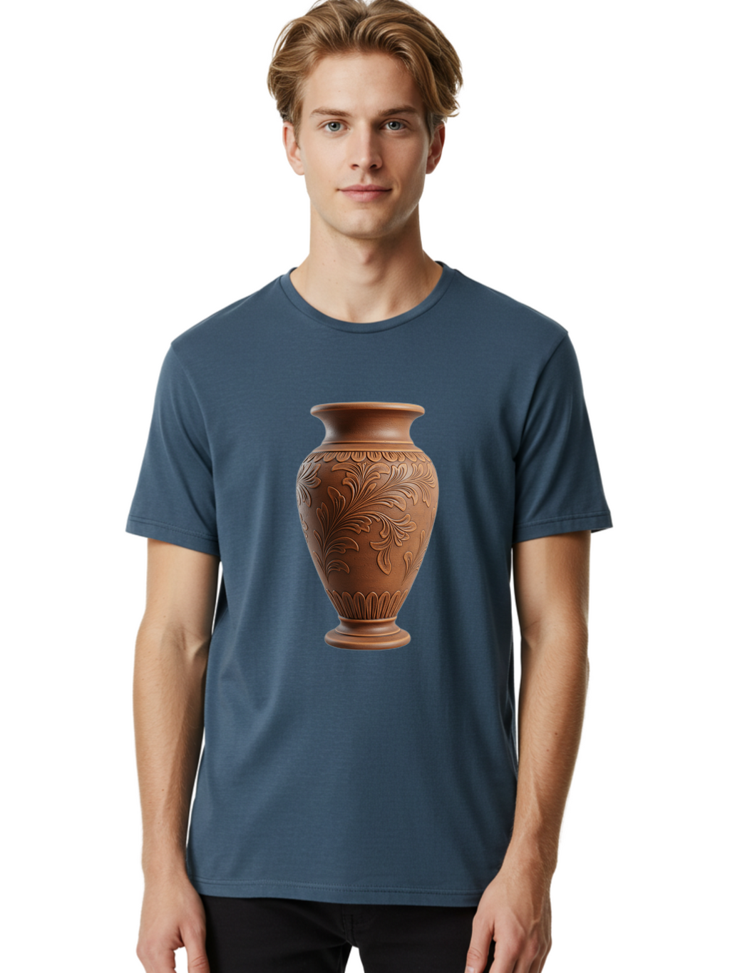 Clay-Vase-With-Floral-Pattern Men'S Graphic Tee, 100% Cotton, Comfortable Casual Summer Wear, Machine Washable, Terracotta Vase, Clay Pottery, Ornate Design, Floral Pattern, Traditional Craftsmanship, Earthy Tones, Vintage Decor, Home Decor, Baa331