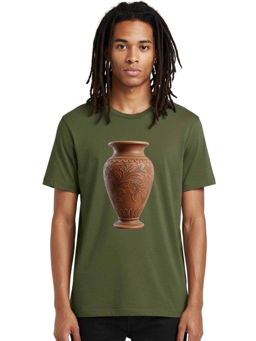 Clay-Vase-With-Floral-Pattern Men'S Graphic Tee, 100% Cotton, Comfortable Casual Summer Wear, Machine Washable, Terracotta Vase, Clay Pottery, Ornate Design, Floral Pattern, Traditional Craftsmanship, Earthy Tones, Vintage Decor, Home Decor, Baa331