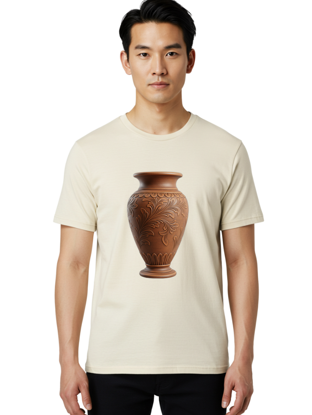 Clay-Vase-With-Floral-Pattern Men'S Graphic Tee, 100% Cotton, Comfortable Casual Summer Wear, Machine Washable, Terracotta Vase, Clay Pottery, Ornate Design, Floral Pattern, Traditional Craftsmanship, Earthy Tones, Vintage Decor, Home Decor, Baa331