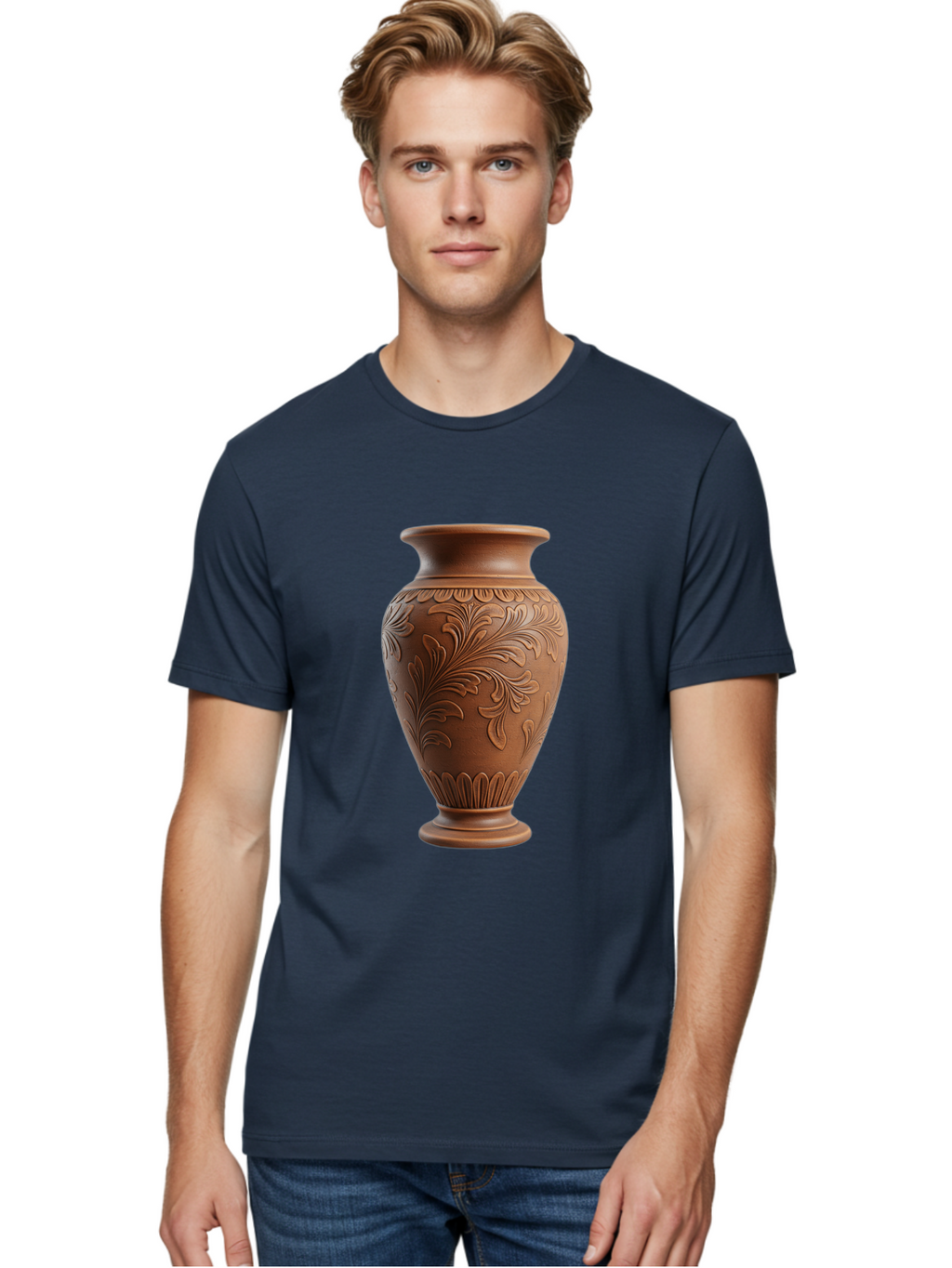 Clay-Vase-With-Floral-Pattern Men'S Graphic Tee, 100% Cotton, Comfortable Casual Summer Wear, Machine Washable, Terracotta Vase, Clay Pottery, Ornate Design, Floral Pattern, Traditional Craftsmanship, Earthy Tones, Vintage Decor, Home Decor, Baa331