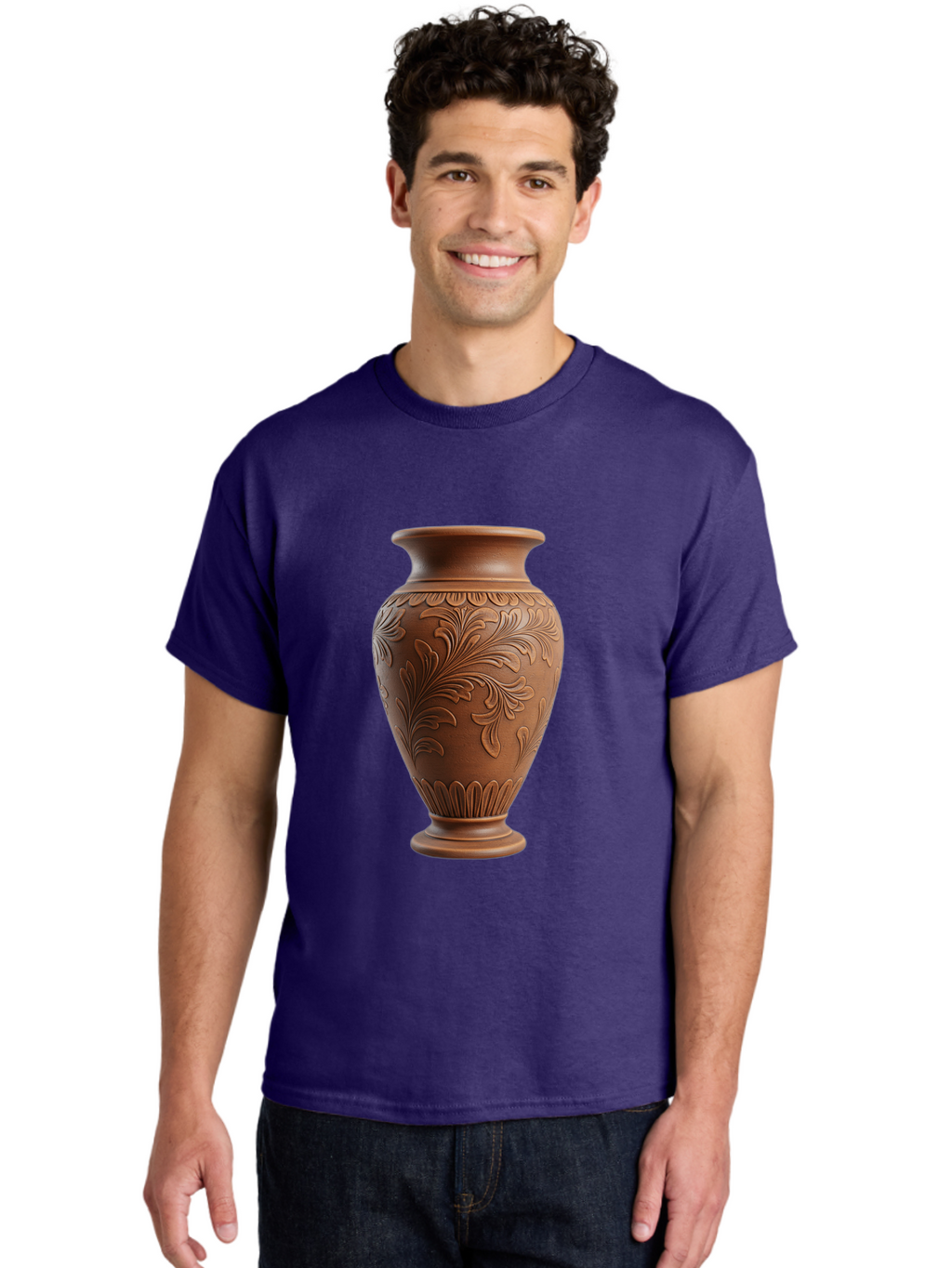 Clay-Vase-With-Floral-Pattern Men'S Graphic Tee, 100% Cotton, Comfortable Casual Summer Wear, Machine Washable, Terracotta Vase, Clay Pottery, Ornate Design, Floral Pattern, Traditional Craftsmanship, Earthy Tones, Vintage Decor, Home Decor, Baa331