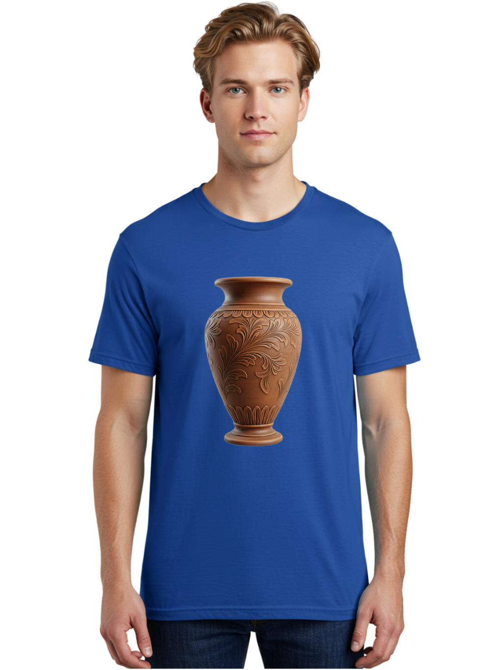 Clay-Vase-With-Floral-Pattern Men'S Graphic Tee, 100% Cotton, Comfortable Casual Summer Wear, Machine Washable, Terracotta Vase, Clay Pottery, Ornate Design, Floral Pattern, Traditional Craftsmanship, Earthy Tones, Vintage Decor, Home Decor, Baa331