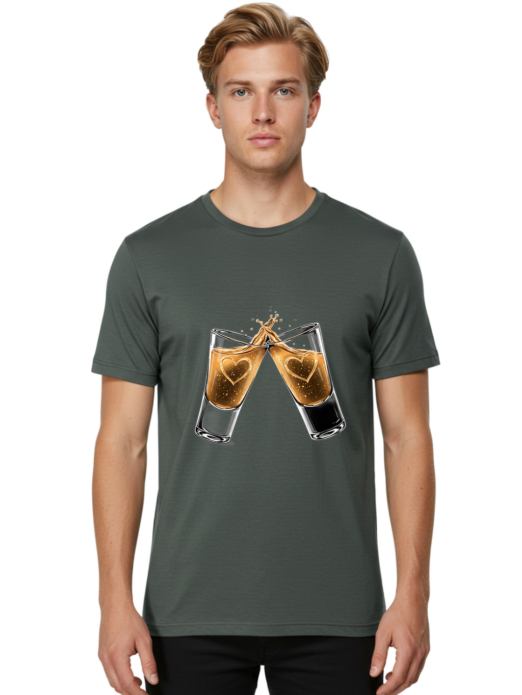 Clinking-Liquor-Glasses Men'S Graphic Tee, 100% Cotton, Comfortable Casual Summer Wear, Machine Washable, Two Shot Glasses, Cheers, Toast, Celebratory Drink, Love, Heart Shape, Whiskey, Cocktail, Party, Celebration, Festive Atmosphere Baa332