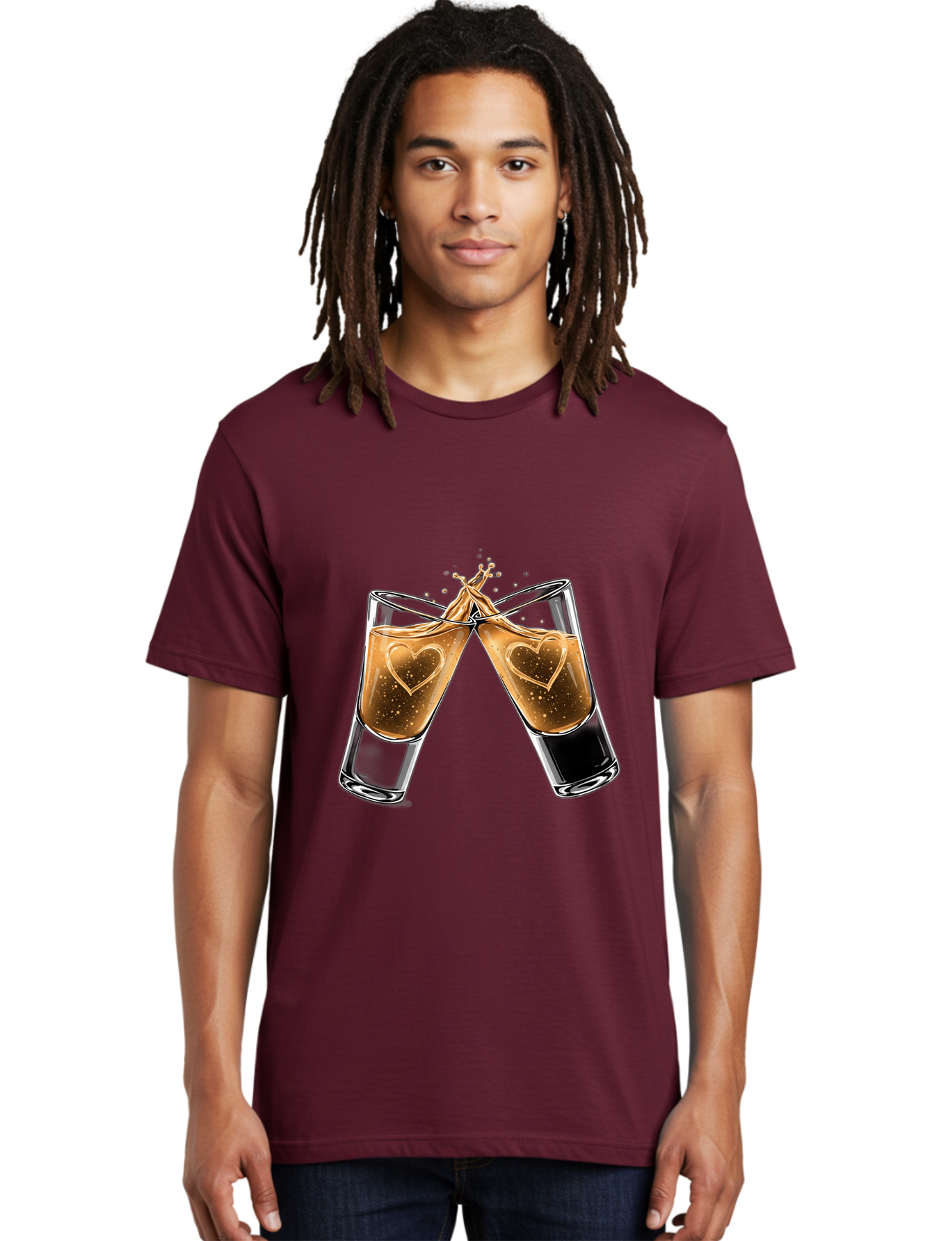 Clinking-Liquor-Glasses Men'S Graphic Tee, 100% Cotton, Comfortable Casual Summer Wear, Machine Washable, Two Shot Glasses, Cheers, Toast, Celebratory Drink, Love, Heart Shape, Whiskey, Cocktail, Party, Celebration, Festive Atmosphere Baa332