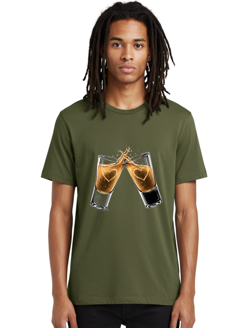 Clinking-Liquor-Glasses Men'S Graphic Tee, 100% Cotton, Comfortable Casual Summer Wear, Machine Washable, Two Shot Glasses, Cheers, Toast, Celebratory Drink, Love, Heart Shape, Whiskey, Cocktail, Party, Celebration, Festive Atmosphere Baa332
