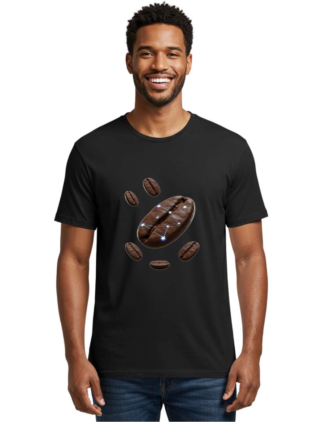 Coffee-Bean-Constellation Men'S Graphic Tee, 100% Cotton, Comfortable Casual Summer Wear, Machine Washable, Coffee Beans, Constellation Pattern, Stars, Creative Design, Surreal Art, Coffee Lover, Unique Artwork, Abstract Illustration, Baa334