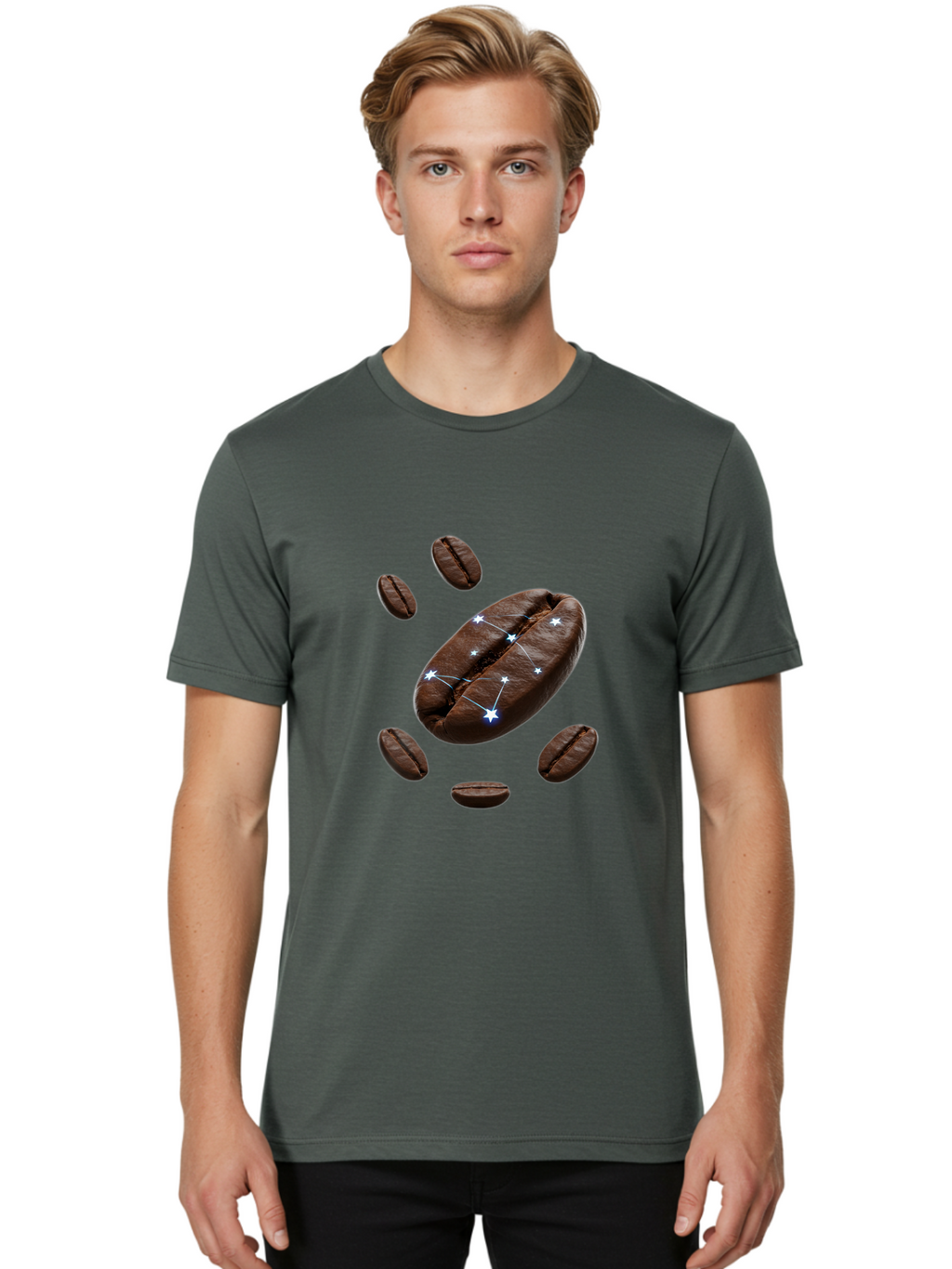 Coffee-Bean-Constellation Men'S Graphic Tee, 100% Cotton, Comfortable Casual Summer Wear, Machine Washable, Coffee Beans, Constellation Pattern, Stars, Creative Design, Surreal Art, Coffee Lover, Unique Artwork, Abstract Illustration, Baa334