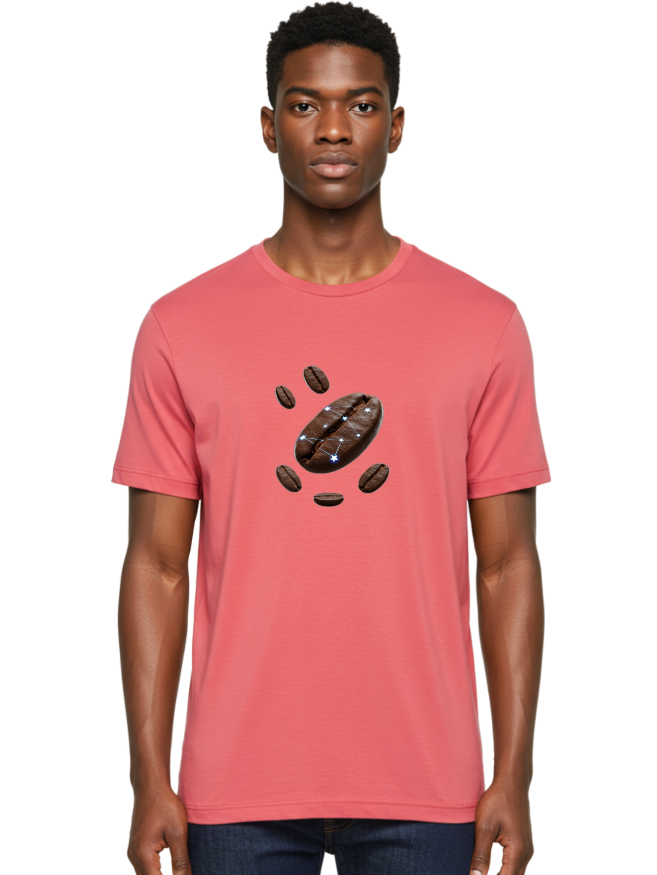 Coffee-Bean-Constellation Men'S Graphic Tee, 100% Cotton, Comfortable Casual Summer Wear, Machine Washable, Coffee Beans, Constellation Pattern, Stars, Creative Design, Surreal Art, Coffee Lover, Unique Artwork, Abstract Illustration, Baa334