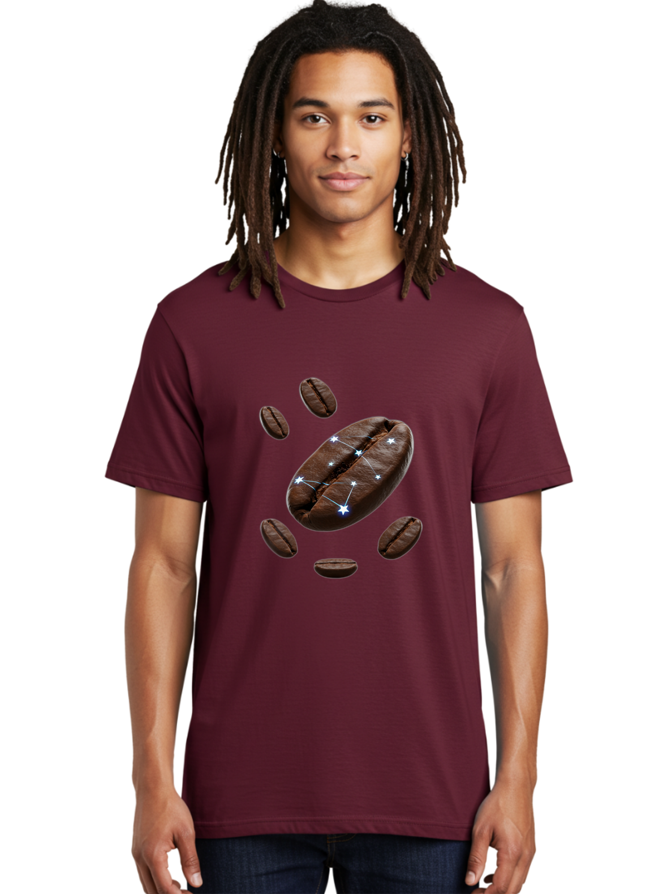 Coffee-Bean-Constellation Men'S Graphic Tee, 100% Cotton, Comfortable Casual Summer Wear, Machine Washable, Coffee Beans, Constellation Pattern, Stars, Creative Design, Surreal Art, Coffee Lover, Unique Artwork, Abstract Illustration, Baa334