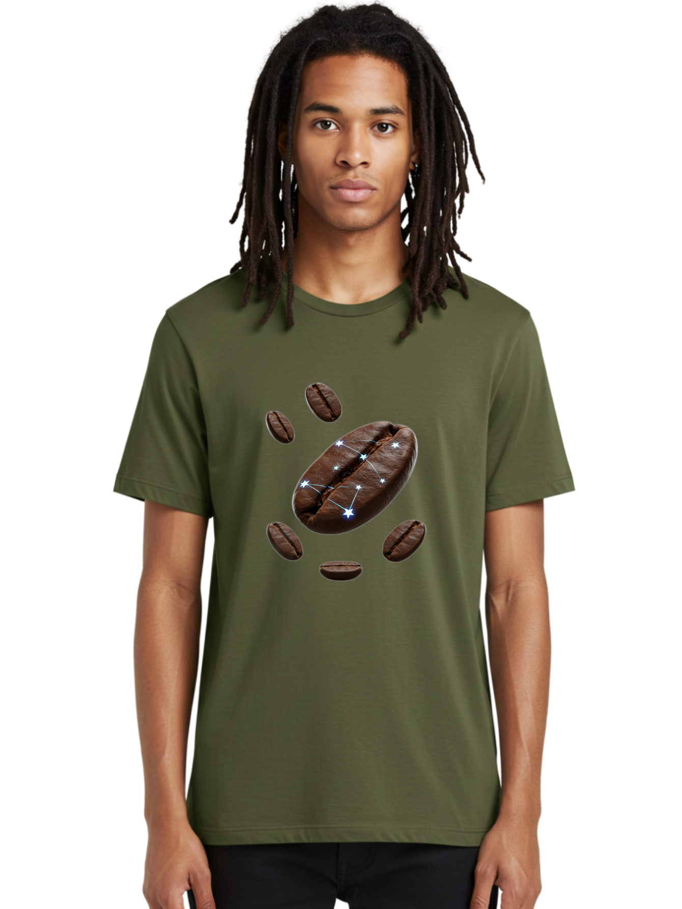Coffee-Bean-Constellation Men'S Graphic Tee, 100% Cotton, Comfortable Casual Summer Wear, Machine Washable, Coffee Beans, Constellation Pattern, Stars, Creative Design, Surreal Art, Coffee Lover, Unique Artwork, Abstract Illustration, Baa334