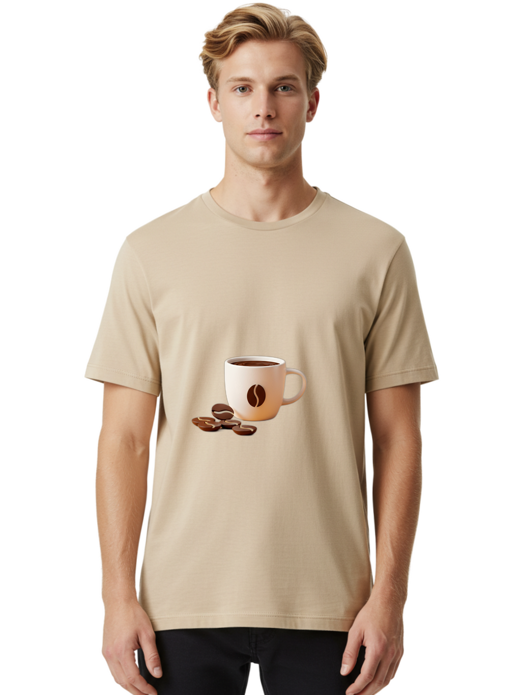 Coffee-Bean-Mug Men'S Graphic Tee, 100% Cotton, Comfortable Casual Summer Wear, Machine Washable, Coffee Mug, Coffee Beans, Dark Brown Coffee, Morning Coffee, Coffee Break, Coffee Time, Coffee Symbol, Coffee Design Baa335
