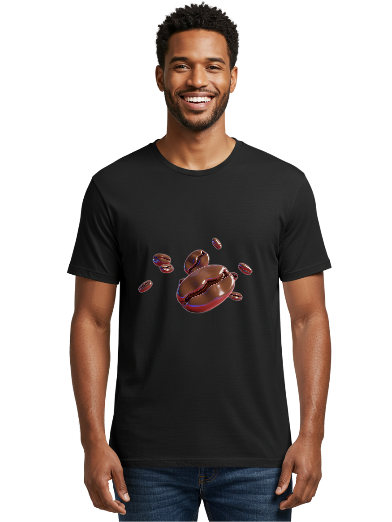 Coffee-Beans-1 Men'S Graphic Tee, 100% Cotton, Comfortable Casual Summer Wear, Machine Washable, Roasted Coffee Beans, Dark Brown, Shiny, Scattered, Coffee Break, Morning Pick-Me-Up, Caffeinated, Energy Boost Baa336