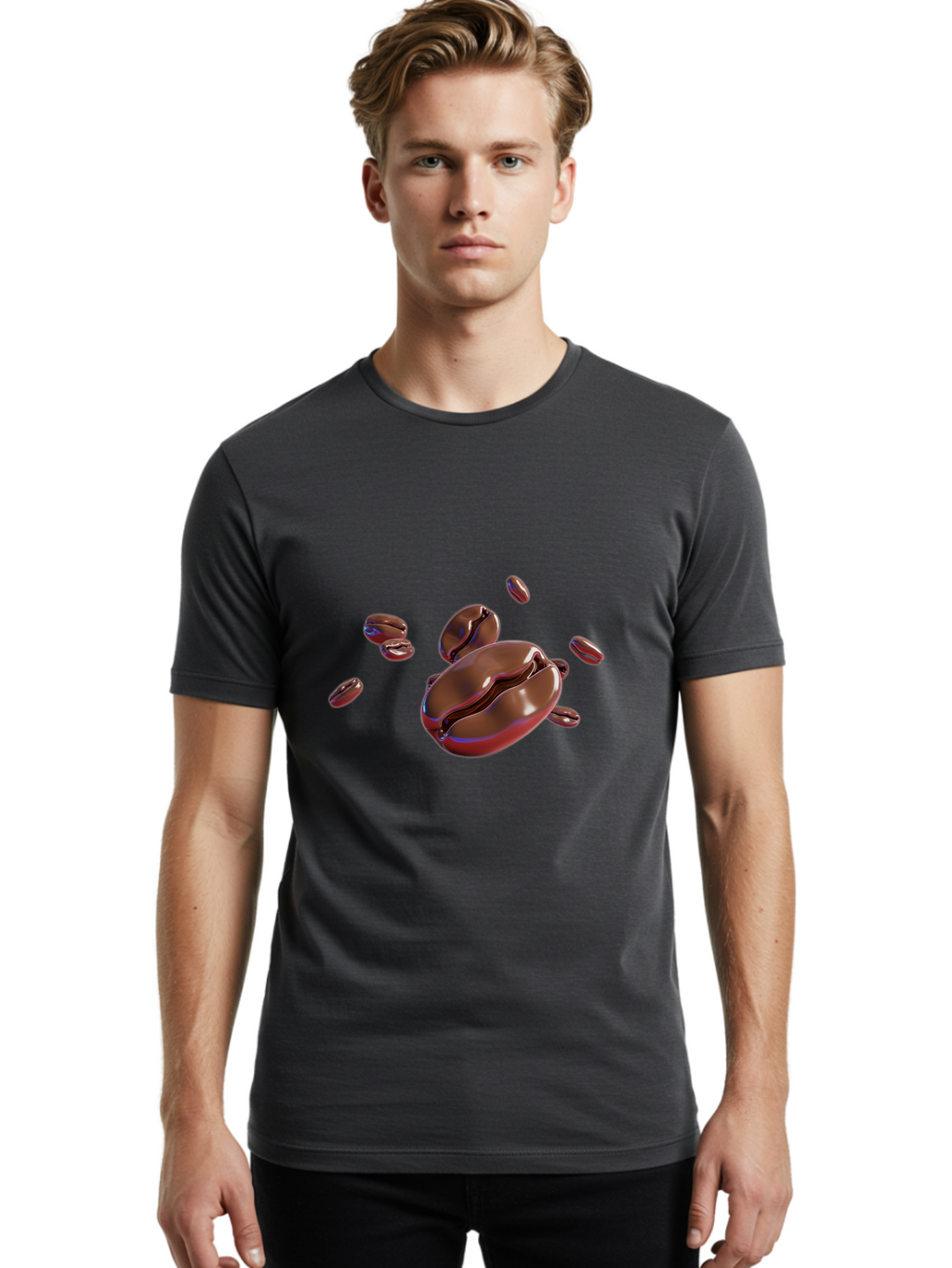 Coffee-Beans-1 Men'S Graphic Tee, 100% Cotton, Comfortable Casual Summer Wear, Machine Washable, Roasted Coffee Beans, Dark Brown, Shiny, Scattered, Coffee Break, Morning Pick-Me-Up, Caffeinated, Energy Boost Baa336