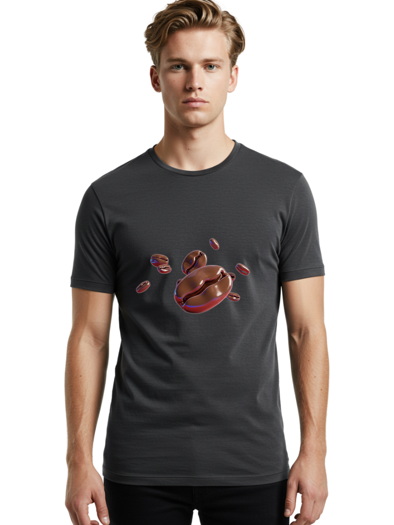 Coffee-Beans-1 Men'S Graphic Tee, 100% Cotton, Comfortable Casual Summer Wear, Machine Washable, Roasted Coffee Beans, Dark Brown, Shiny, Scattered, Coffee Break, Morning Pick-Me-Up, Caffeinated, Energy Boost Baa336