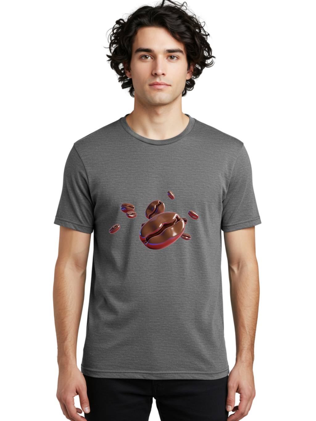 Coffee-Beans-1 Men'S Graphic Tee, 100% Cotton, Comfortable Casual Summer Wear, Machine Washable, Roasted Coffee Beans, Dark Brown, Shiny, Scattered, Coffee Break, Morning Pick-Me-Up, Caffeinated, Energy Boost Baa336